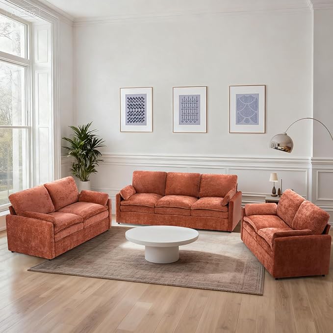 3 Pieces Chenille Sofa Set w/Arm Pillows, Upholstered 2 Pieces Loveseat & 3 Seater Sofa w/Comfortable Back Cushions, Modern 2-Seat & 3-Seat w/High-Density Foam for Living Room, Orange