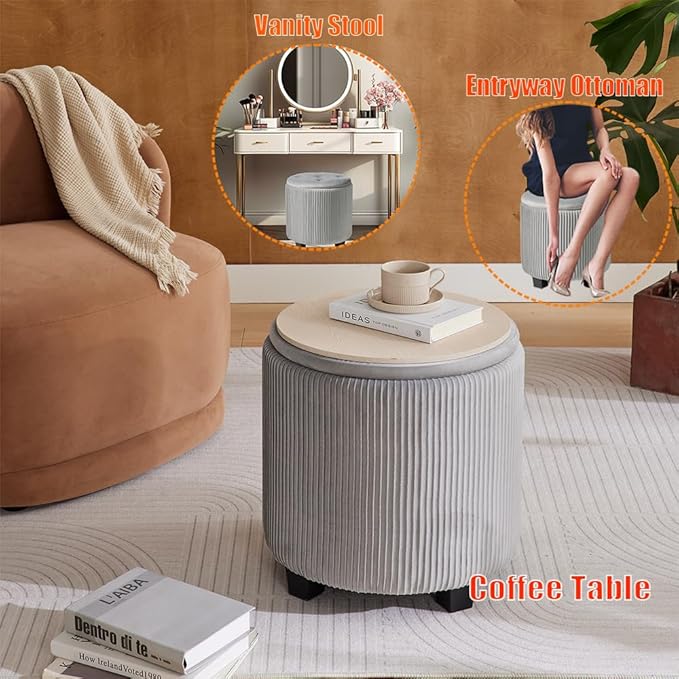 Big Round Ottoman with Storage Set of 2,Upholstered Velvet Vanity Stool for MakeupMultifunctional Foot Rest Coffee Table Padded Seat Tufted Ottomans for LivingRoom&Bedroom(Grey)