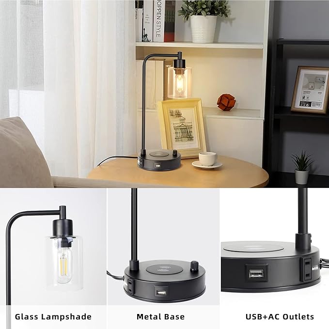 Industrial Table Lamp with Wireless Charing, Fully Stepless Dimmable Lamps Nightstand Lamps, Desk Lamp with Glass Shade Reading Lamp for Office Living Room (Black 02)