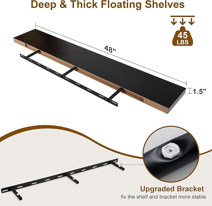 Fun Memories Floating Shelves for Wall, 48Inch Long Floating Shelves Set of 1, Hanging Shelf with Invisible Brackets, Wood Shelves for Living Room, Bedroom, Kitchen, Black
