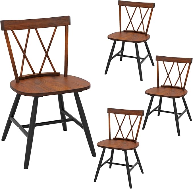 Giantex Wooden Dining Chairs Set of 4, Farmhouse Windsor Kitchen Chairs w/Cross Back, Wide Seat, Rubber Wood Frame, Armless Side Chairs for Kitchen, Dining Room, Living Room, Restaurant, Dark Oak