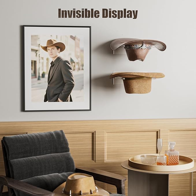 Cowboy Hat Rack for Wall: 2 Pack Acrylic Hat Holder Organizer - Western Rustic Wall Mounted Hat Hanger Stand for Cowboy Hat, Fedora, Sun Hats