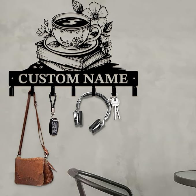 Coffee Bar Keys Holder - Metal Iron Wall Hooks with Custom Name | Personalized Home Decor & Gift Idea | Coffee-Themed Text Engraving Design (Style C)