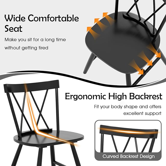 Giantex Windsor Dining Chairs Set of 2, Farmhouse Wooden Kitchen Chairs w/Cross Back, Wide Seat, Rubber Wood Frame, Armless Side Chairs for Kitchen, Dining Room, Living Room, Restaurant, Black