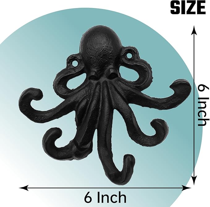 Octopus Cast Iron Wall Hook – Nautical Decorative Key Holder, Coastal Ocean Theme Wall Hanger for Entryway, Bathroom, or Bedroom, Heavy Duty Black Metal Hook