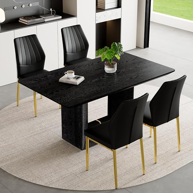 63" Modern Black Dining Table Set for 4 with Chairs, 5 Piece Rectangular Dining Room Table and 4 PU Leather Chairs, Kitchen Dining Set with Matte Wood Finish, Geometric Base, Easy Assembly