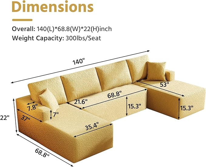140" Modular U-Shaped Sectional Sofa, 7-Seater Cloud Couch with Double Chaise, Modern Sleeper Sofa,No Assembly Sectional Cloud Boneless Sofa Couches for Living Room/Apartment