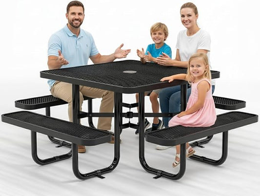 Metal Picnic Tables for Outdoors with Umbrella Hole - Coated Steel Heavy Duty Commercial Grade Furniture with Adjustable Seats (Black, 46 in, Square, Expanded Steel)