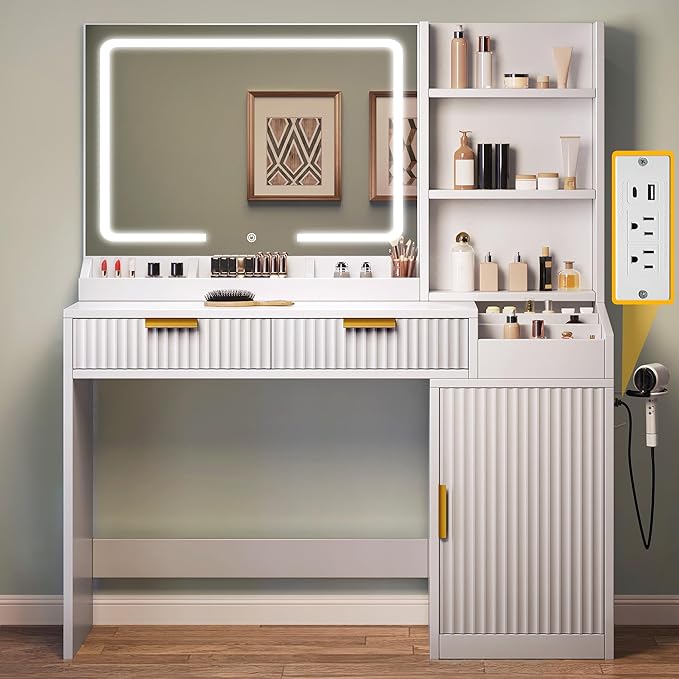 DWVO Fluted Makeup Vanity Desk with Large 27" Mirror and Lights, Modern Big Makeup Table with Power Outlet, 11 Shelves & 2 Drawers, 3 Color Lighting Modes, Dressing Table Vanity Set for Bedroom, White