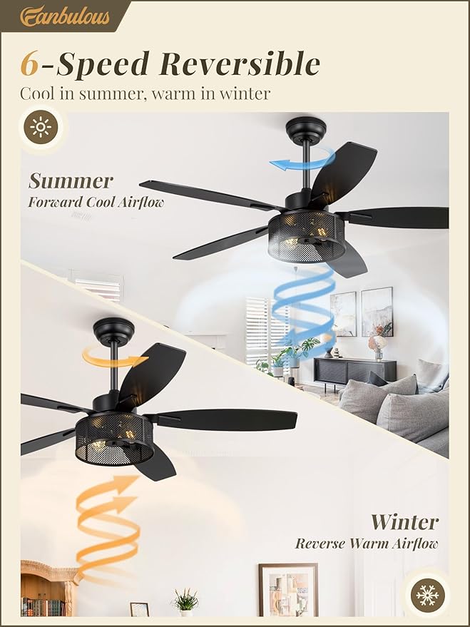 52 Inch Farmhouse Ceiling Fan with Light and Remote, Black Industrial Caged Ceiling Fans Flush Mount, 5 Dual Finish Blades, 6-Speed Reversible Quiet DC Motor, Rustic Design for Bedroom, Living Room