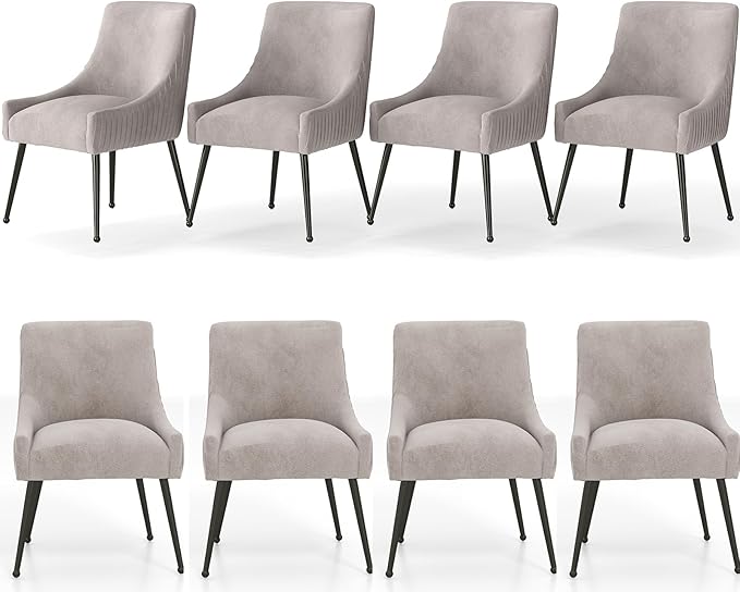 Velvet Dining Chairs Set of 8,Gray Upholstered Living Room Chairs with Black Metal Legs, Modern Tufted Accent Chairs for Living Room, Study Room, Kitchen