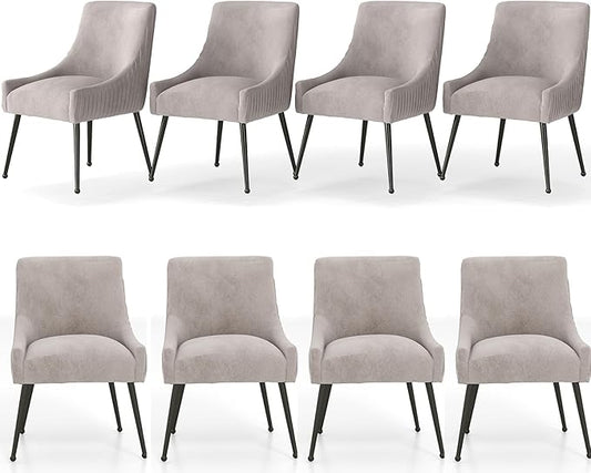 Velvet Dining Chairs Set of 8,Gray Upholstered Living Room Chairs with Black Metal Legs, Modern Tufted Accent Chairs for Living Room, Study Room, Kitchen