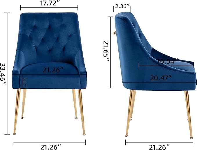 Modern Dining Chair Set of 2, Mid-Century Room Chair, Upholstered Comfortable Velvet with Back Pull Rod and Metal Legs for Kitchen, Dining, Living (Blue), (DYXSD)