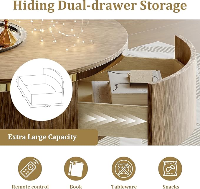 31.5 Inch Coffee Table with 2 Storage Drawers, Vintage Walnut Nesting Coffee Table Set of 2, Mid-Century Round Tea Center Table with Gold Chrome Base for Living Room Apartment