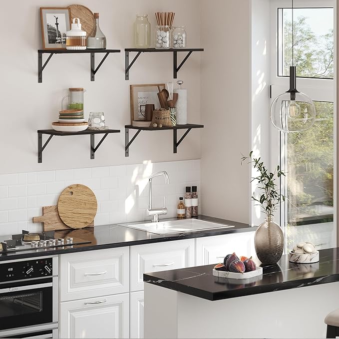 DINZI LVJ Deep Floating Shelves, 16" W x 12" D Wall Shelves Set of 2, Wide Display Shelf Mounted with Brackets, Easy-to-Install Wall Bookshelf for Living Room, Bathroom, Bedroom, Espresso