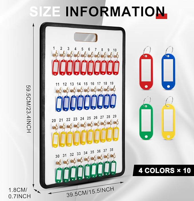 Key Hook Board Rack with 40 Pcs Plastic Tags Set 23.4 x 15.5 Inch Key Holder Wall Mount with 38 Hooks Self Closing Tabs Colored Labels for Car Hotels Office House Storage Organization