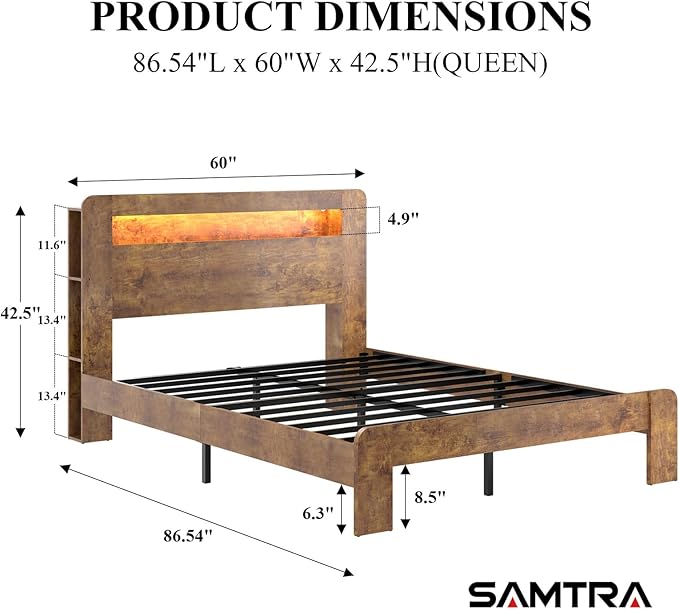 Wooden Bed Frame Queen Size with Headboard, Farmhouse Platform Bedframe with Metal Slat Support, Sturdy Framework Bed Frame, Easy Assembly (Rustic Brown LED)