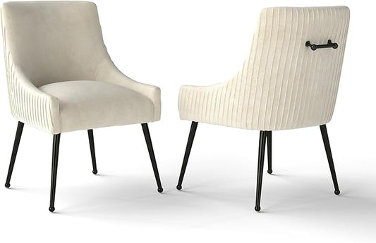 Velvet Dining Chairs Set of 2,Beige Upholstered Living Room Chairs with Black Metal Legs, Modern Tufted Accent Chairs for Living Room, Study Room, Kitchen