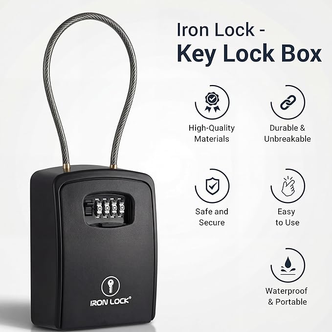 Iron Lock® Key Lock Box Portable with Cable Shackle & Wall Mount – Waterproof Heavy Duty Metal Lock Box for Keys with 4-Digit Combination Code on Door Knob, Fence, Pipe or Gate (Black, XXL)