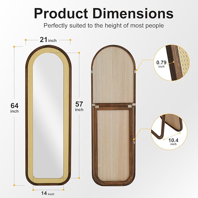Arched Full Length Mirror with Solid Wood Frame & Rattan Panel, 64"x21" Rustic Wall Mounted Floor Mirror - Free Standing, Leaning Against Wall, Wall-Mounted for Bedroom Living Room (Brown)