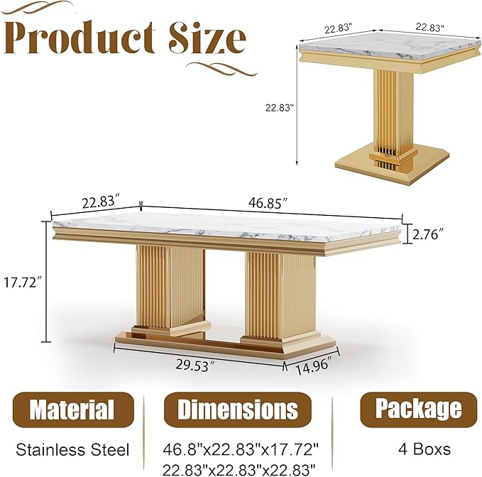 Luxury Living Room Coffee Table Set of 3, Marble Coffee Table and 2 End Side Tables, 3 Piece Living Room Table Set with Stainless Steel Base for Living Room, White Gold