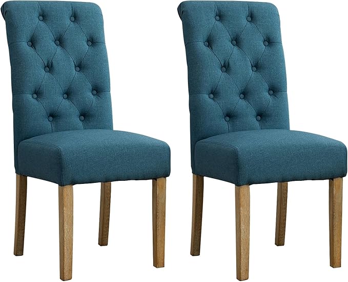 Roundhill Furniture Habit Solid Wood Tufted Parsons Dining Chair (Set of 2), Blue