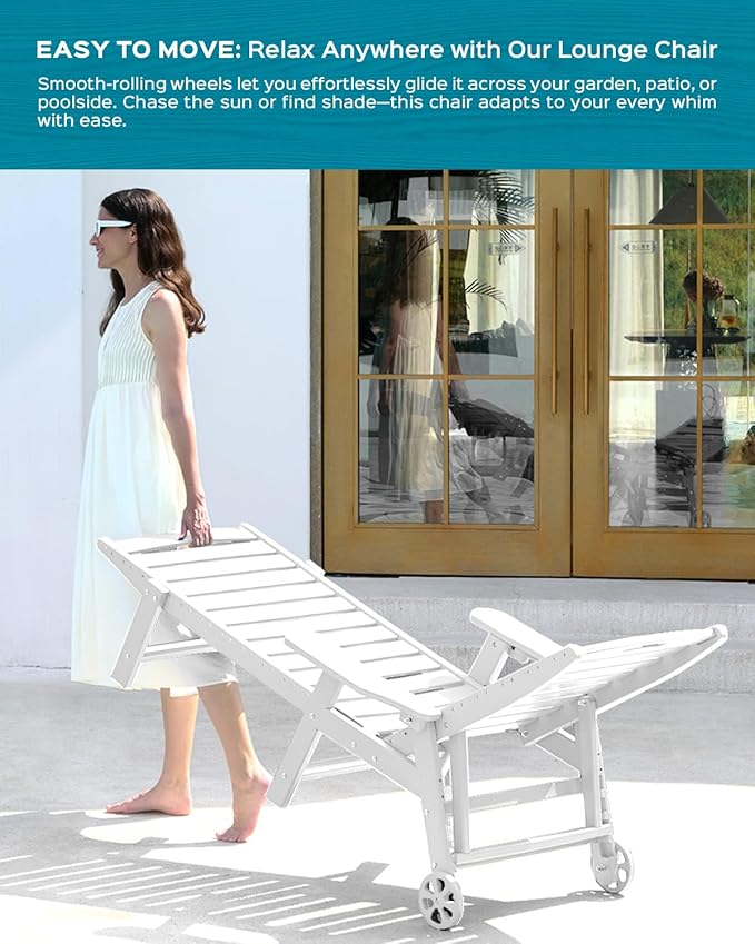 Ciokea Lounge Chair Outdoor, Oversized Chaise Lounge Chair with 5 Positions, HDPE, Patio Lounge Chair with Wheels & Cup Holder for Pool, Deck, Poolside, White