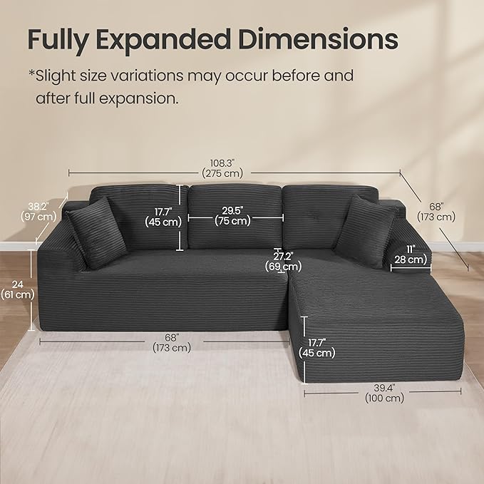 VASAGLE 108.3 Inches Boneless Couch with Chaise, Modular Sectional Sofa, Modern Cloud Couch with Deep Seat, L-Shape Corduroy Sofa for Living Room, Right-Facing Chaise, Bedroom, Slate Gray ULCS182GN01