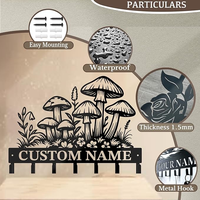 Customized Keys Holder - Personalized Mushroom Wonderland Key Hooks Wall Metal Sign Decor,Wall Holder,Door Hook (Style H)