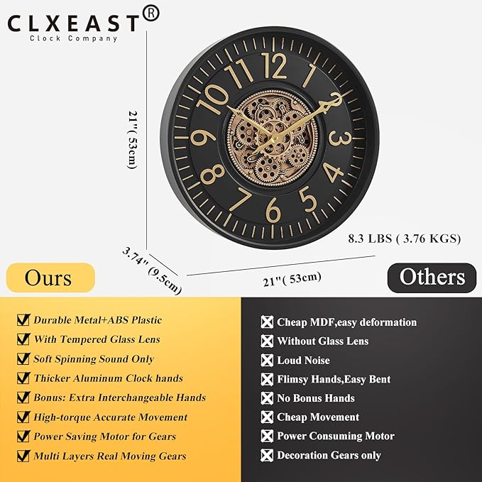 CLXEAST 21 Inch Moving Gear Wall Clock, Large Regular Arabic Numeral Wall Clocks for Living Room Decor,Modern Black& Gold Finish,House Warming Gifts New Home