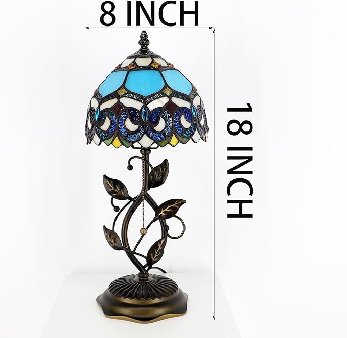 Small Tiffany Lamp Sea Blue Jewelry Baroque Style Stained Glass Table Lamps Desk Bedside Reading Light 8X8X18 Inches with Bronze Metal Leaf Resin Base