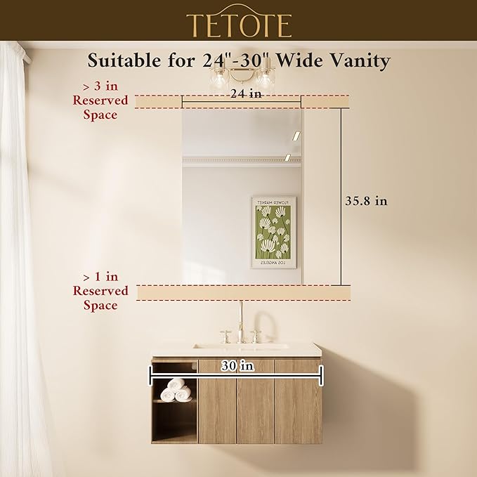 TETOTE Frameless Bathroom Mirror 24" x 36" Rectangle Vanity Mirror for Over Sink, Suitable for Bedroom, Entryway, Hallway, Home Gym, Horizontal or Vertical