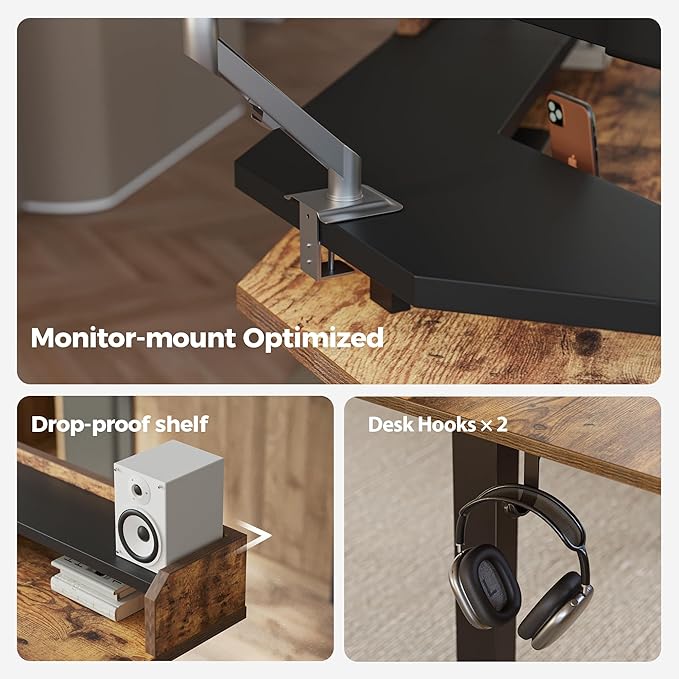 Agilestic L Shaped Standing Desk, Adjustable Height Corner Gaming Desk with Shelf, Sit Stand Up Desk, 63 x 55 Inch Home Office Computer Table, Rustic Brown