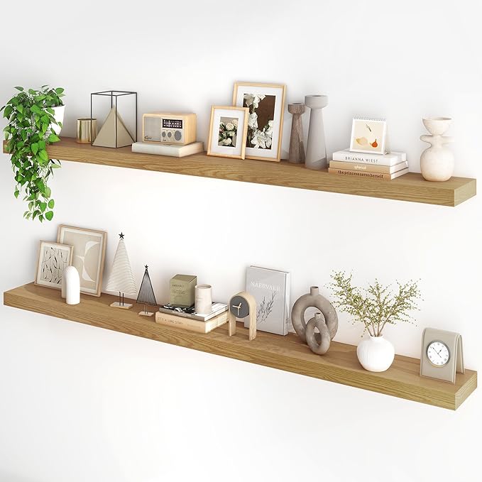 Fun Memories 72Inch Floating Shelves,Wall Mounted Rustic Wood Floating Shelf with Invisible Brackets for Storage & Decor,2 Pack Shelves for Bathroom,Bedroom and Kitchen,Oak