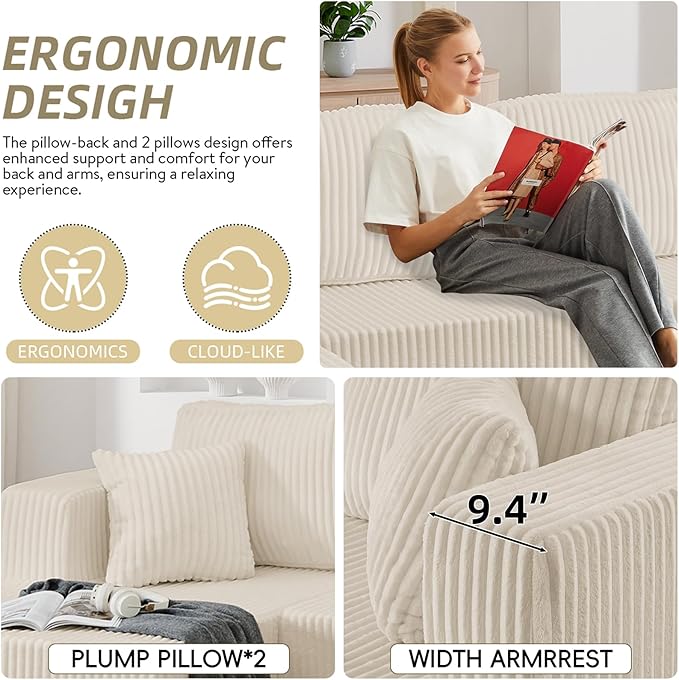 134 Inch Cloud Sectional Couch with L-Shape Chaise,Modern Upholstered Couches with Deep Seat,Corduroy Sponge Compressed Sofa for Living Room,No Assembly Required (Off White, U-Shaped Sofa)