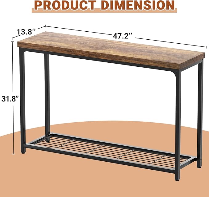 Console Table for Entryway, Narrow Entryway Table with Storage, Sofa Table with Mesh Shelves, Console Tables for Living Room, Bedroom, Hallway, Foyer (2 Tier, Rustic Brown, 47 inch)