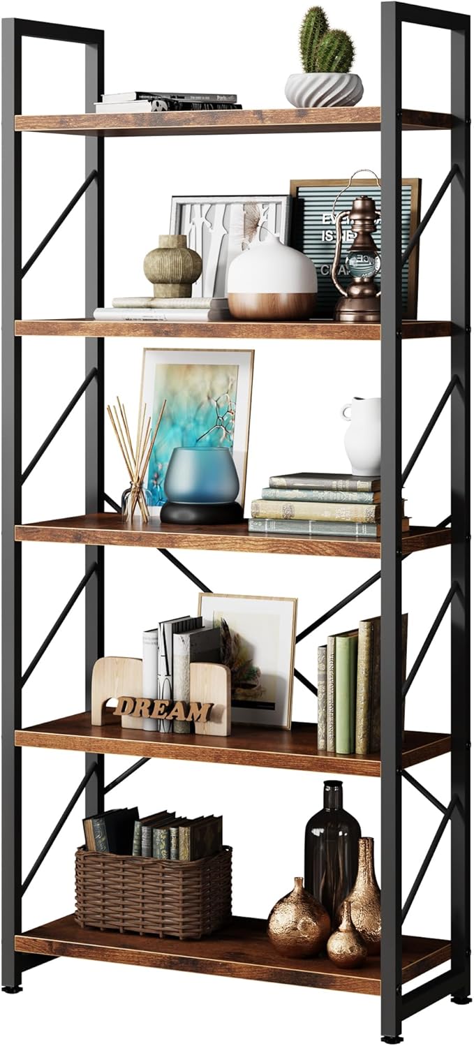 Shintenchi 5 Tiers Bookshelf, Classically Tall Bookcase Shelf, Industrial Book Rack, Modern Book Holder in Bedroom/Living Room/Home/Office, Storage Rack Shelves for Book, Brown