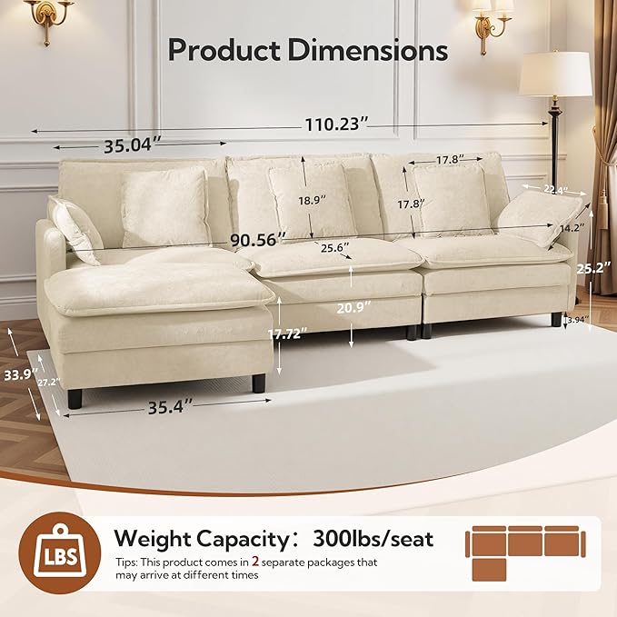 Claiks 110" Modular Sectional Sofa, Cloud Couch with Ottoman, L-Shaped 4-Seater Sofa in Chenille Fabric, Deep Seat Comfy Couch with Pillows for Living Room & Offices, Beige