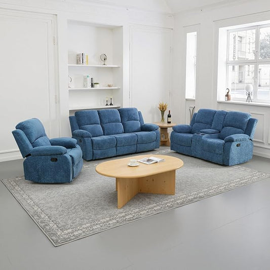 Manual Recliner Sofa Set,Microfiber Reclining Couch Set,Modern Living Room Furniture Set,Reclining Sofa Couch Chair for Living Room Home Office(Light Blue,3 Pieces Set)