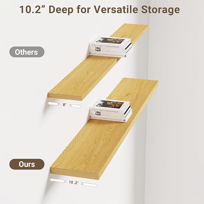 Vivelove 10" Deep Floating Shelves with Invisible Brackets, 48" Wall Shelves for Bathroom Bedroom Kitchen Living Room Laundry Room, Modern Rustic Shelves for Home Decor, 48"x10.2"x1.5", Set of 2, Oak