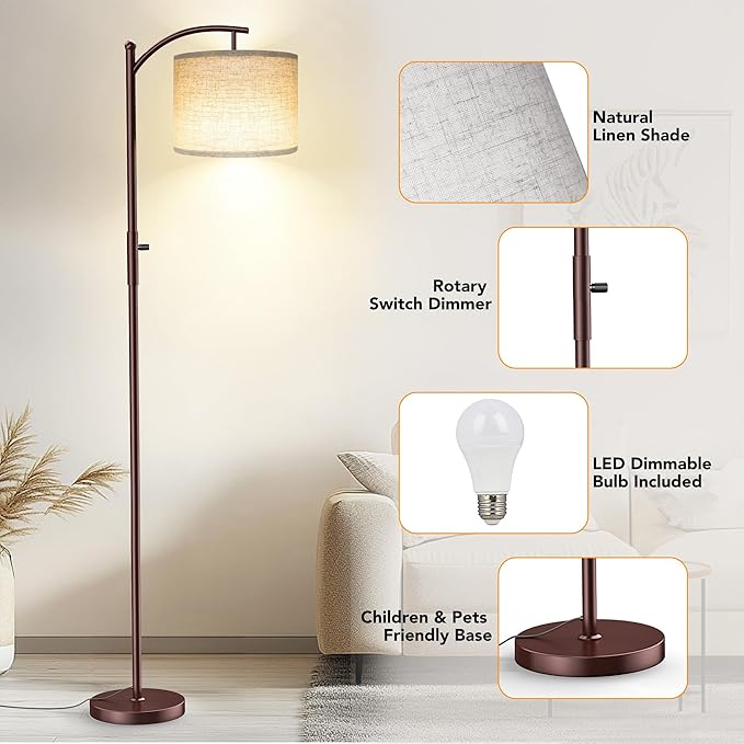ROTTOGOON Dimmable Floor Lamp, Arc Floor Lamps for Living Room, Stepless Dimming Modern Standing Lamp with Linen Shade, Tall Lamp for Bedroom Office Dining Room- Brown