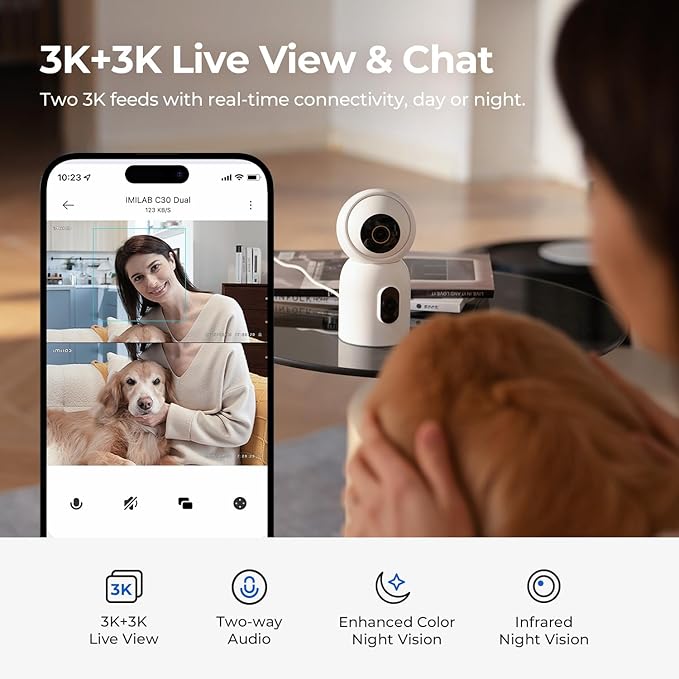 IMILAB C30 Dual Security Camera Indoor, 3K+3K Lens Pet/Baby Monitor Camera, 360° Home/Room Cam for Bedroom, Cry/Smoke/Fire/Person Alerts, App Control, Plug-in 5G WiFi Cam, Wall Mount, No Monthly Fee