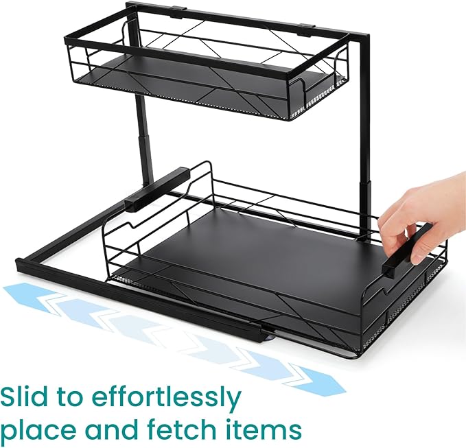 Pull Out Under Sink Organizer, 2 Tier Kitchen Cabinet Organizer with Suction Cups, PVC Mat, Sliding Drawer, Metal Cleaning Supplies Storage Shelf for Laundry, Pantry, Bathroom
