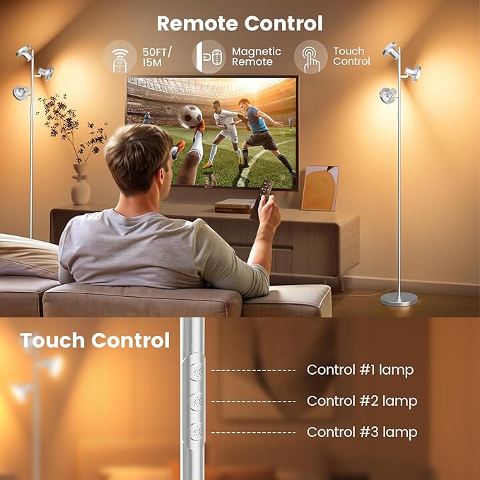 36W LED Tree Floor Lamp, Modern Dimmable Standing Lamp with Remote & Touch Control, 4 Color Temperatures, 3 Rotatable LED Light Floor Lamps for Living Room, Bedroom, Office