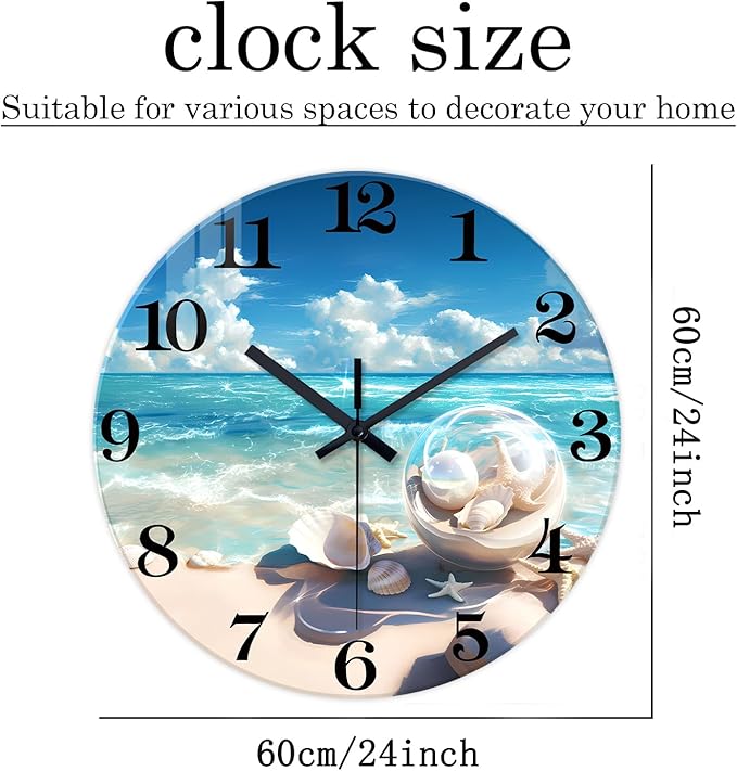 XNM Blue Beach Wall Clock for Office 24 Inch Giant Wall Clock Decorative Round Silent Clock for Wall