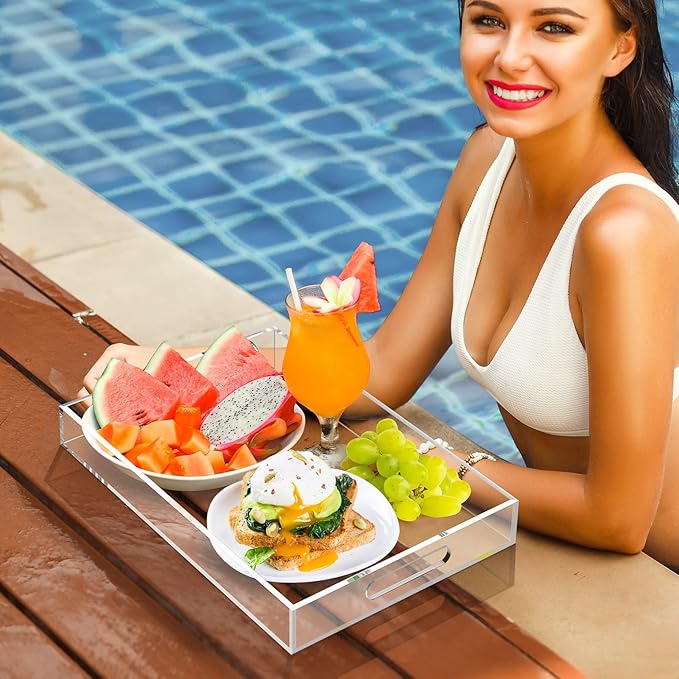 Acrylic Serving Trays with Handles, 16"x 12" Rectangle Sturdy Breakfast Tray, Clear Decorative Trays Organiser for Bedroom, Kitchen, Living Room, Bathroom, Hospital and Outdoors