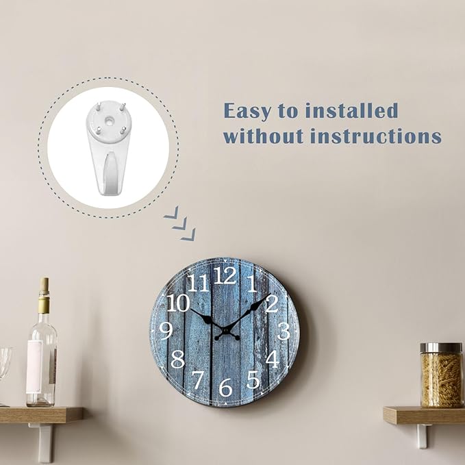 Plumeet Small Wall Clock, 10'' Frameless Wooden Wall Clocks with Silent Quartz Movement, Rustic Coastal Country Village Clocks Decorative for Kitchen Bedroom Living Room, Blue