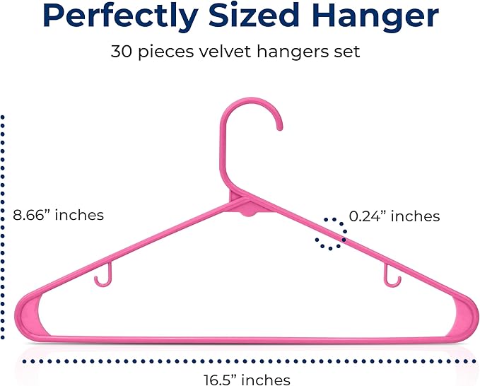 SereneLife 30-Piece Plastic Hangers for Clothes – Non-Slip Heavy Duty Slim Coat Shirt Dress Closet Hanger Set with 5.5 lbs Capacity Space Saving Design and Smooth Finish with 360° Swivel Hook Pink