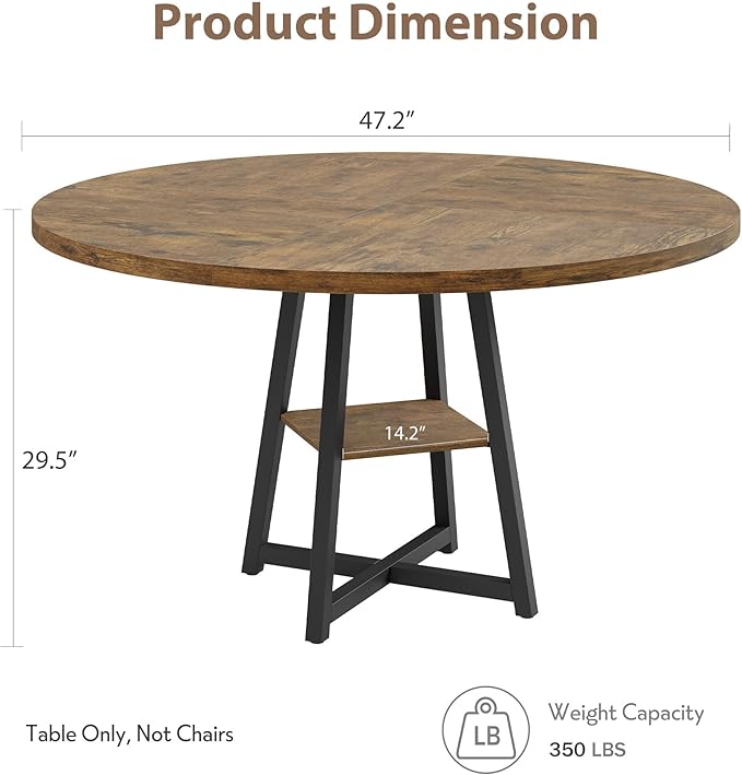 GAOMON Round Dining Table for 4-6 People, 47 Inch Brwon Dinner Room Pedestal Table with Storage Shelf, Industrial Circle Kitchen Table for Kitchen, Dining Room, Space Saving