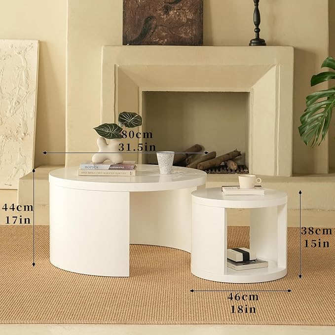 Round Nesting Coffee Table Set of 2, 31.5" Large and 18" Small Low Tables, Modern Wood Grain Tables for Living Room, White